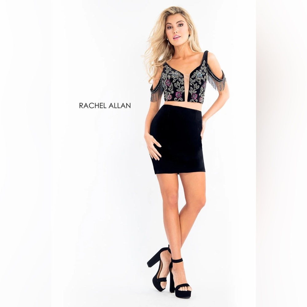 Rachel Allan Two-Piece Black Velvet Embellished With Blue And Pink Floral Sequin